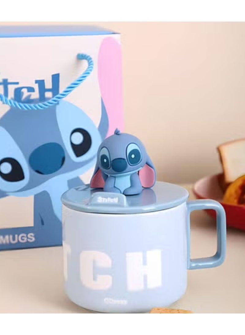 Stitch Blue Ceramic Mug with Lid – Cute Cartoon Coffee Cup Gift Set with Gift Bag | Large Capacity Tea, Milk & Hot Chocolate Mug for Kids, Girls & Adults